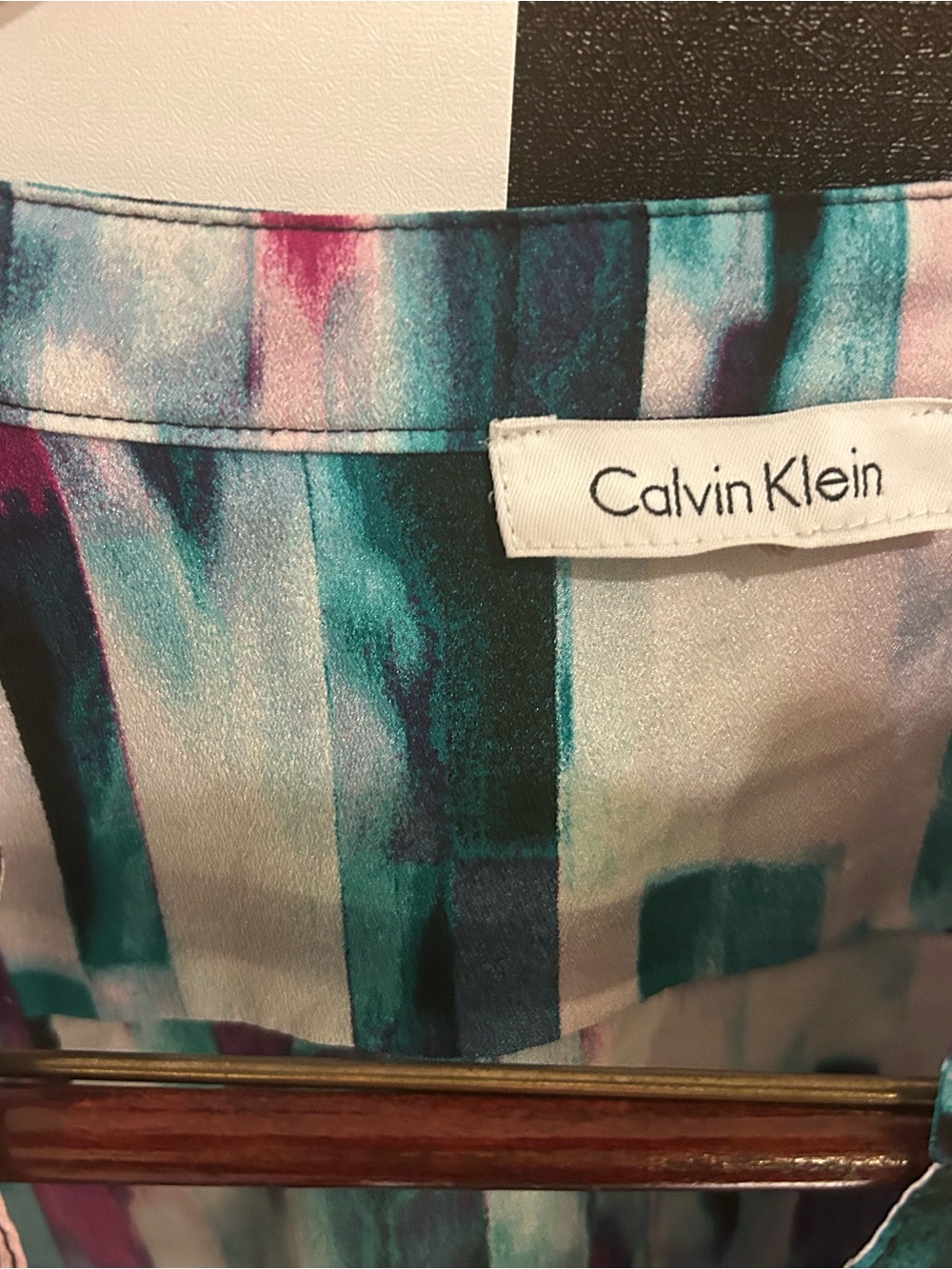 Calvin Klein Multicolor Satin Stripe Blouse - Teal, Aqua & Pink